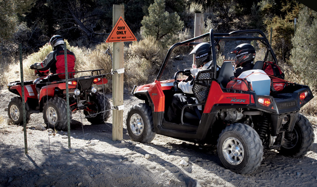 Polaris Ranger RZR is 50" wide so it can fit on ATV trails.
