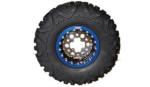 12" Billet Center Wheel with Polished Center, Black Rim Shell, and Blue Beadlock Ring with Maxxis Bighorn Tire